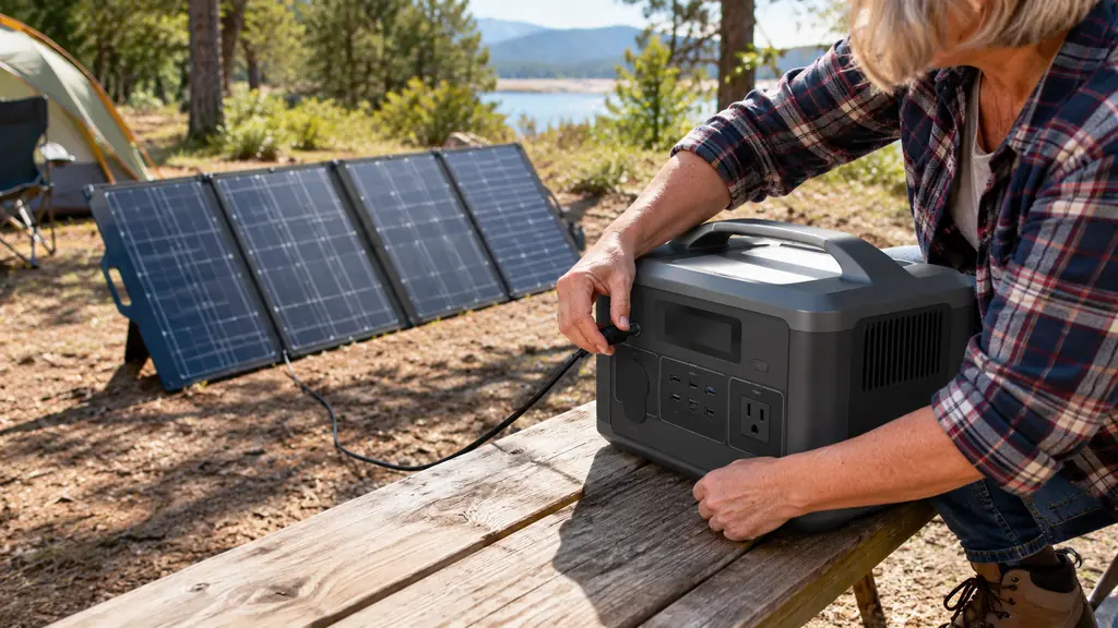 A camper's hand plugging a folding solar panel cable into a portable power station on a picnic table