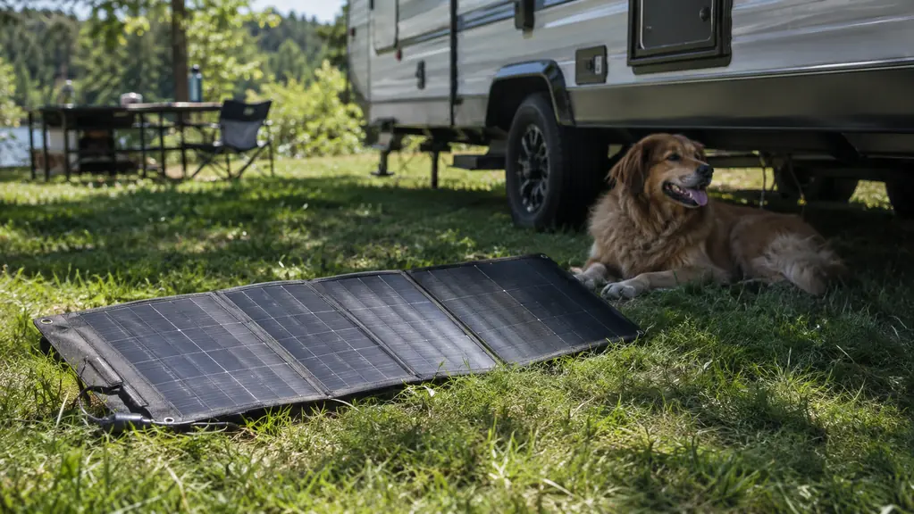 A large dog lying on the grass beside an unfolded solar panel at a campsite