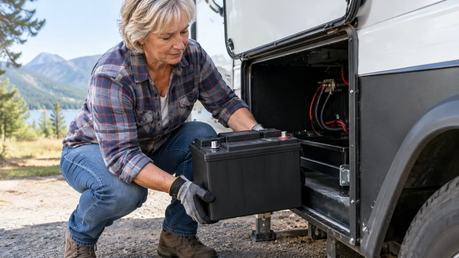 A person lifting a compact 12V 100Ah battery with both hands beside an open trailer battery compartment