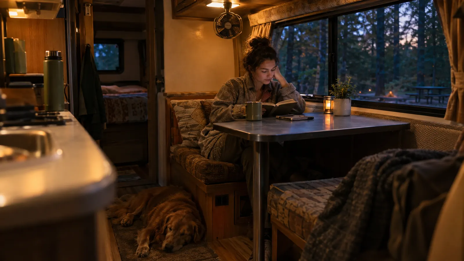 The inside of a travel trailer at dusk with the lights and a small fan running off battery power while a dog sleeps on the floor