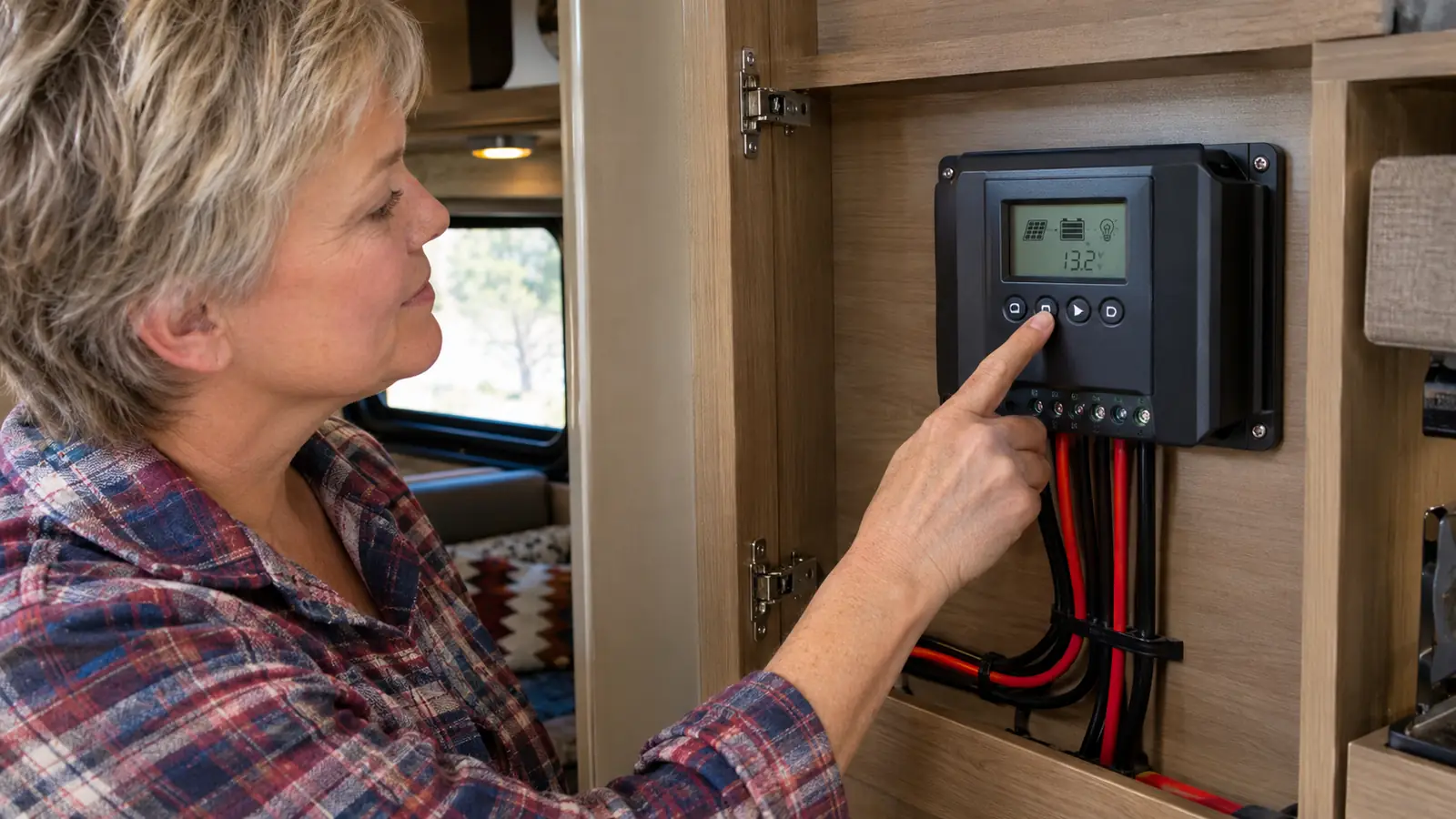 A camper's hand adjusting the LCD display on the Renogy Rover 40A charge controller mounted inside a trailer cabinet