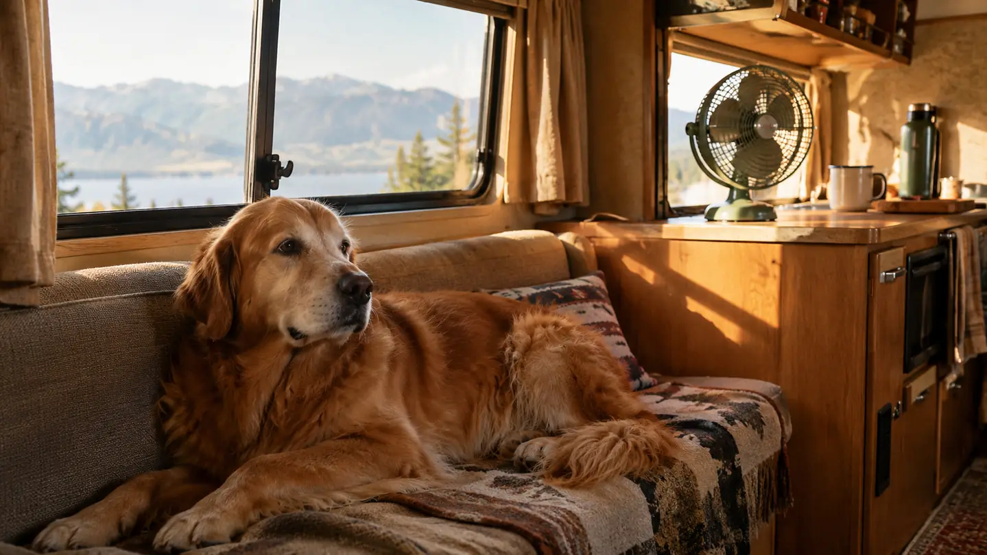 A large dog resting on a bench inside a travel trailer while a small fan runs on the counter in warm morning light