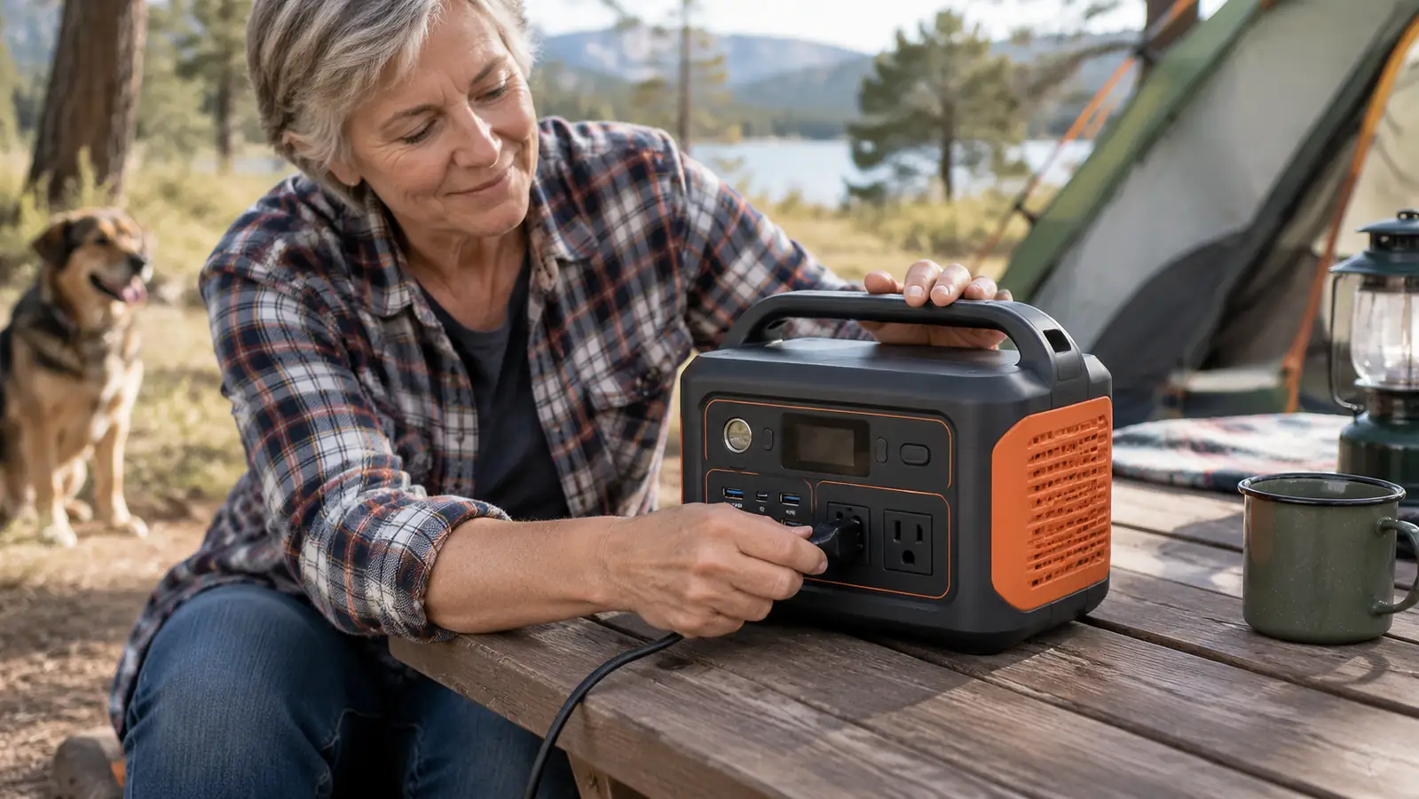 The Jackery Explorer 300 portable power station on a camp picnic table with a cord plugged into the front