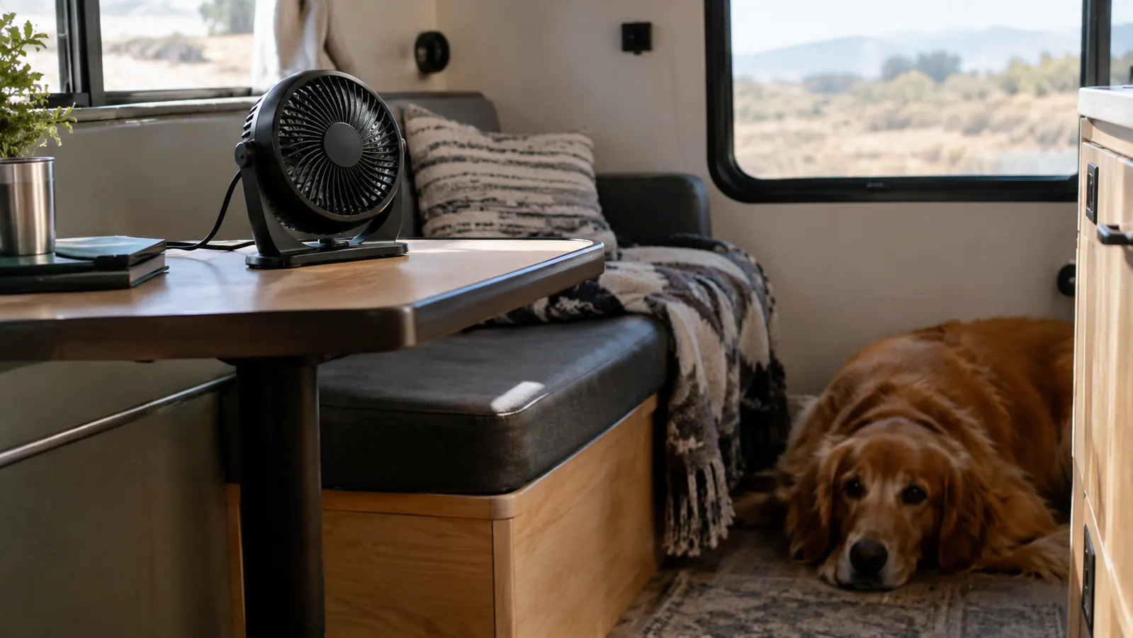 A small fan on a camp table inside a travel trailer with a dog resting nearby