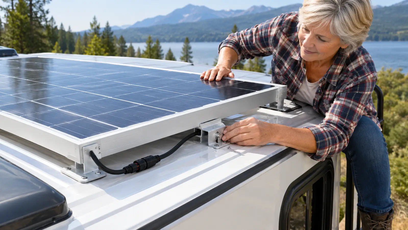 Close view of a solar panel mounted on a trailer roof with its aluminum frame and mounting brackets