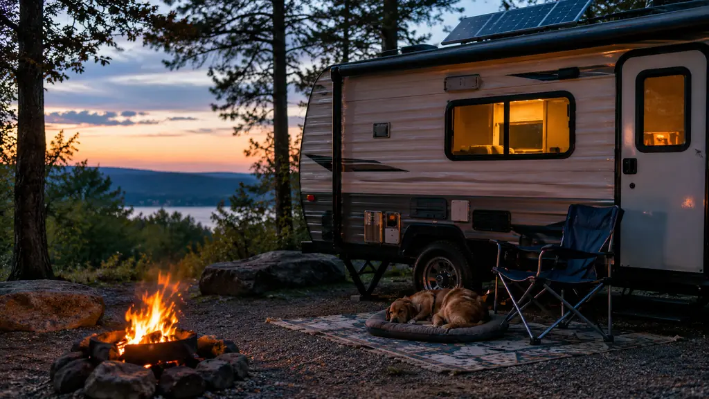 A quiet campsite at dusk with a travel trailer and a dog resting nearby