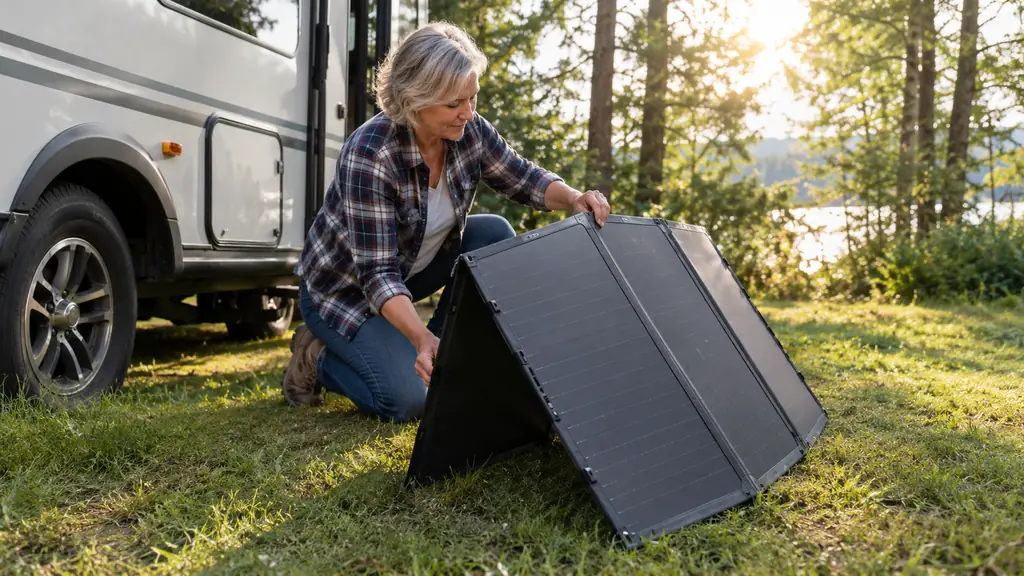 A camper's hand adjusting a folding solar panel on the ground beside a trailer