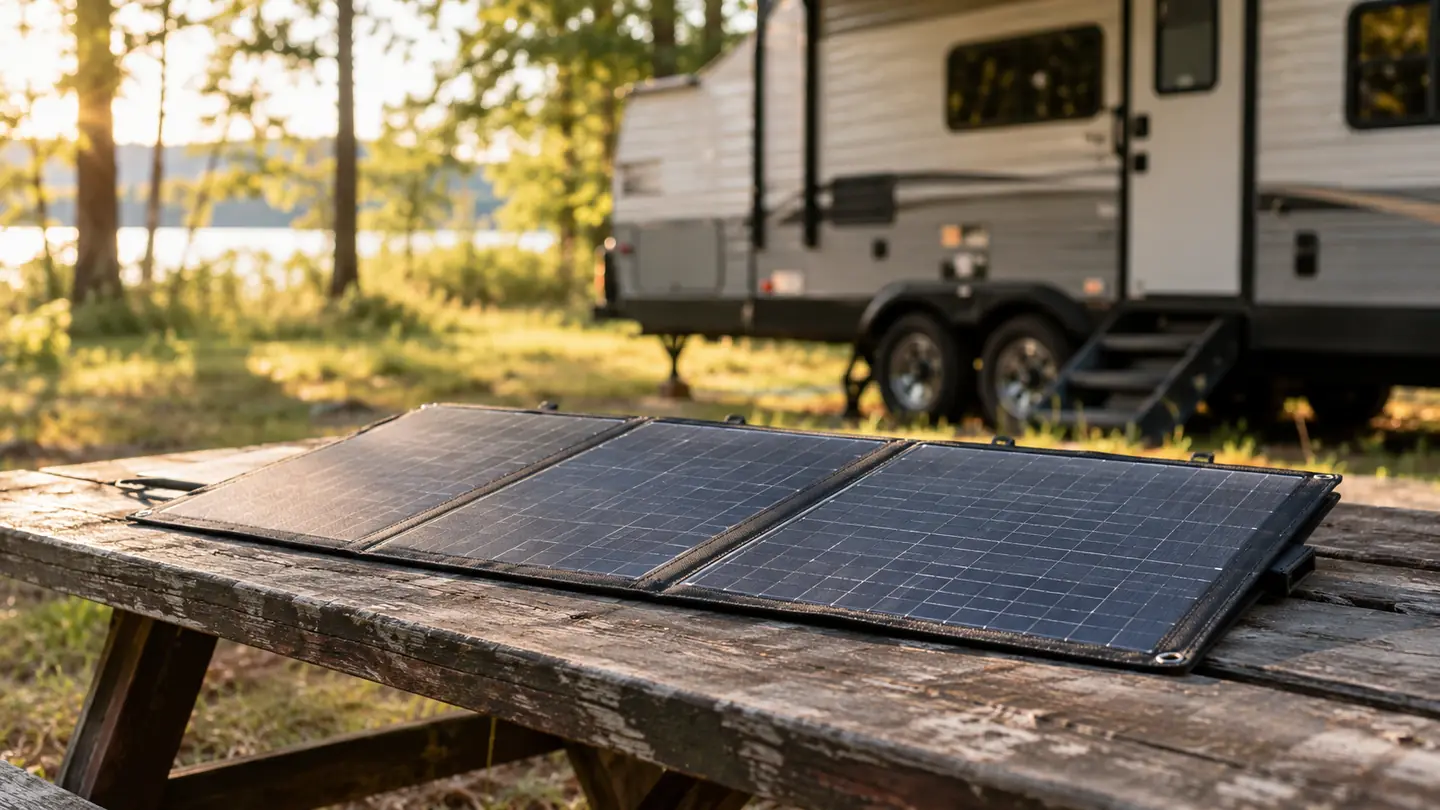 A folding solar panel lying flat on a picnic table in a clearing with the trailer behind it