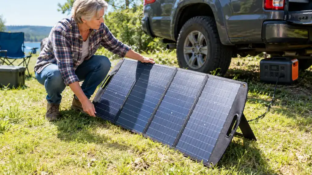 A camper's hand adjusting the angle of an unfolded portable solar panel on grass beside a pickup truck