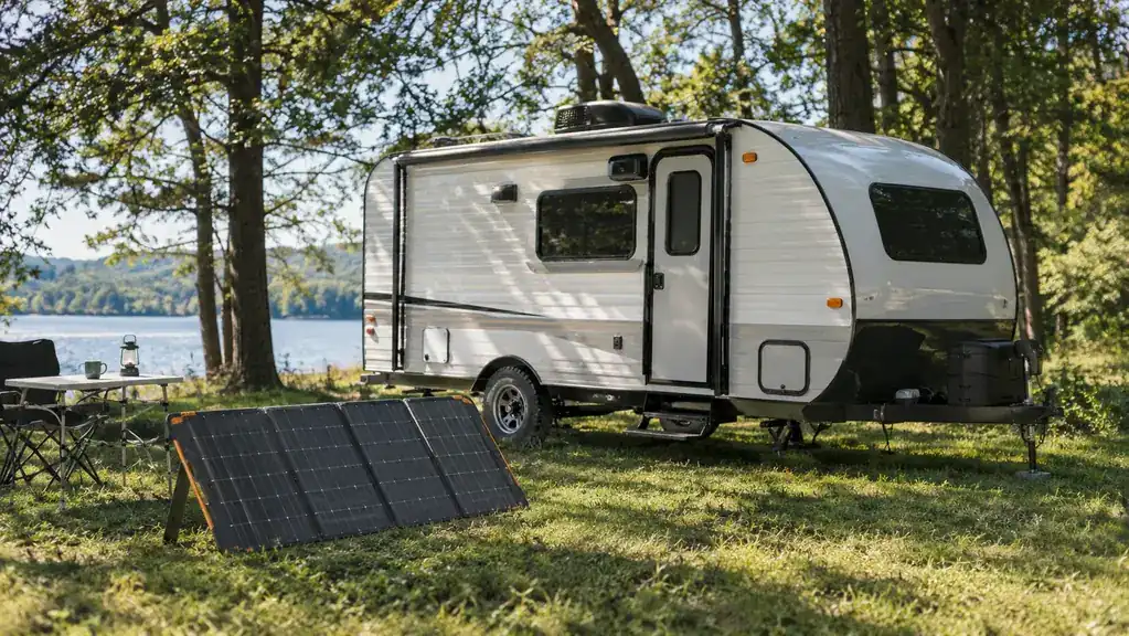 A portable solar panel set up on the sunny side of a travel trailer at a state park campsite