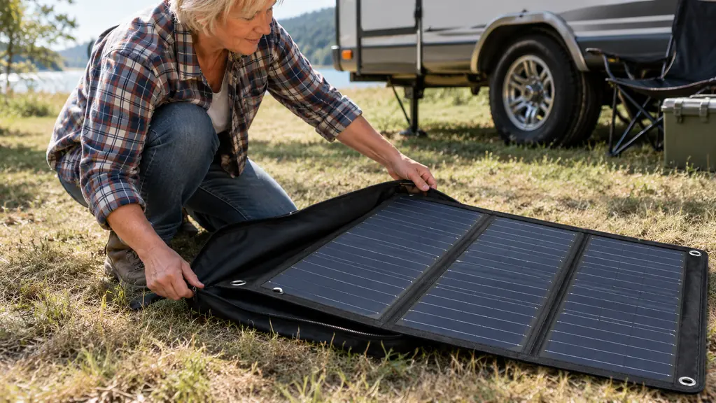 A camper's hand unclipping a solar panel from its carry bag on the ground