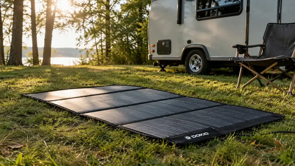 A solar panel lying flat on grass in front of a small travel trailer in a forest clearing