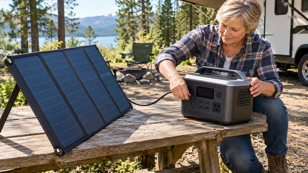 A camper's hand connecting a solar panel cable to a portable power station on a picnic table at a campsite