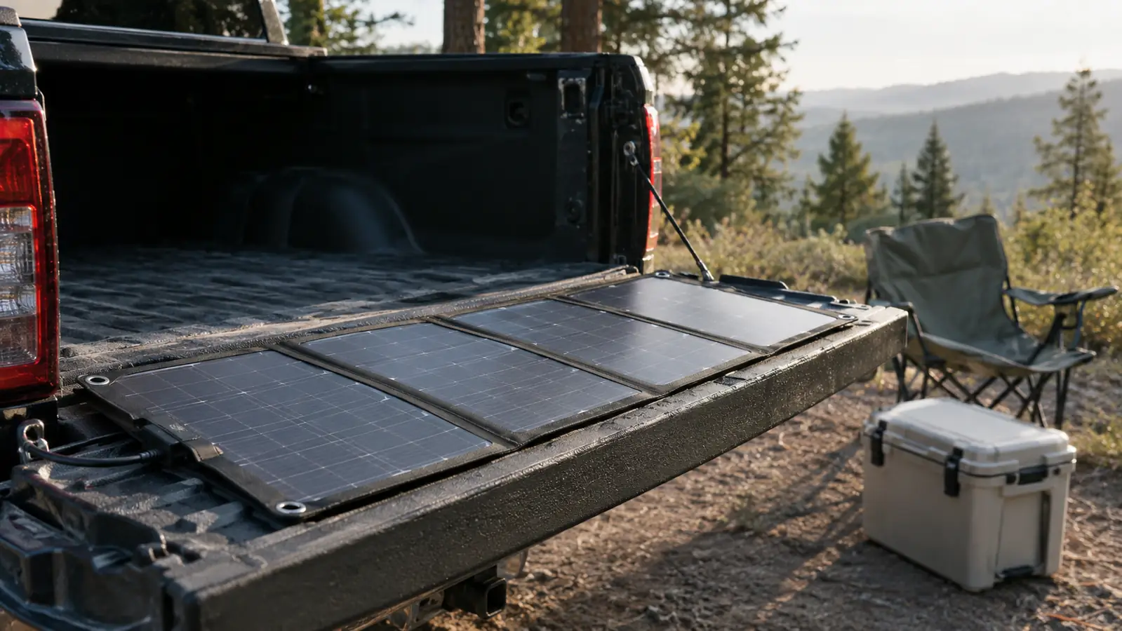 A folding solar panel lying flat on the tailgate of a pickup truck at a campsite, packed beside a camp chair