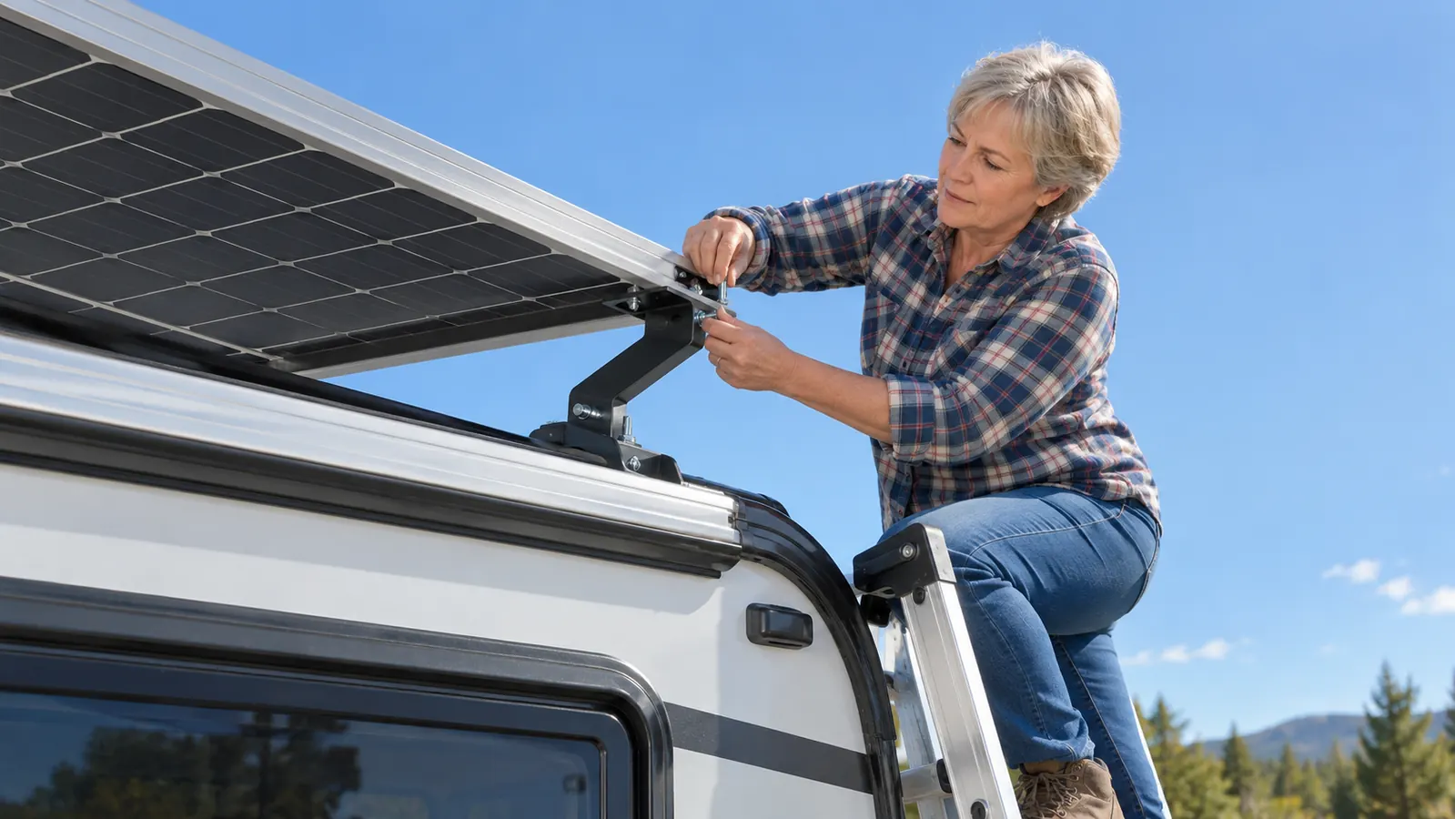 A camper on a short ladder adjusting the mounting bracket of a solar panel on a travel trailer roof
