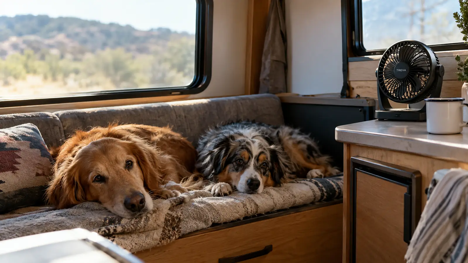 Two dogs resting on a bench seat inside a travel trailer on a warm afternoon, a small fan on the counter