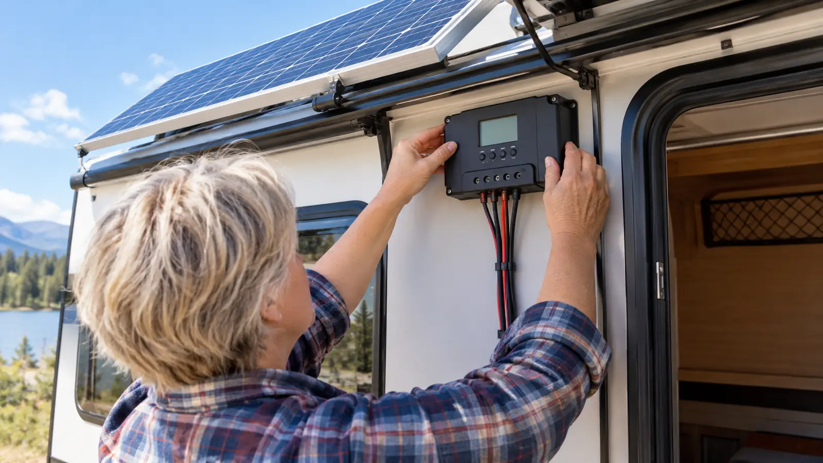 A camper's hands checking the charge controller on a solar panel kit mounted to a trailer roof