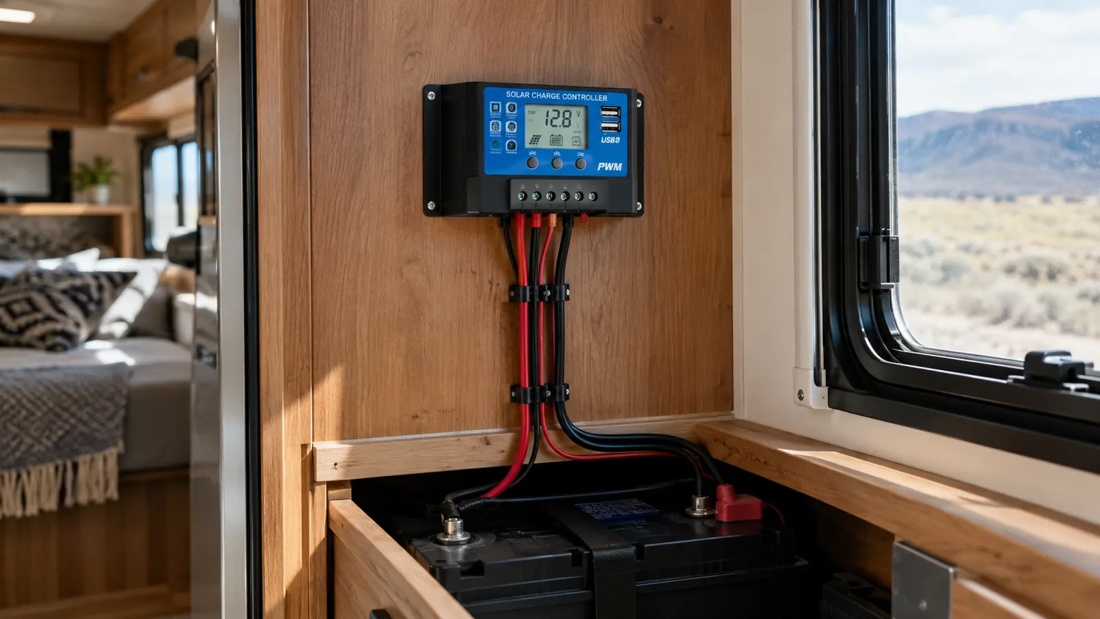 A solar charge controller mounted on a wooden wall inside a travel trailer near the battery compartment