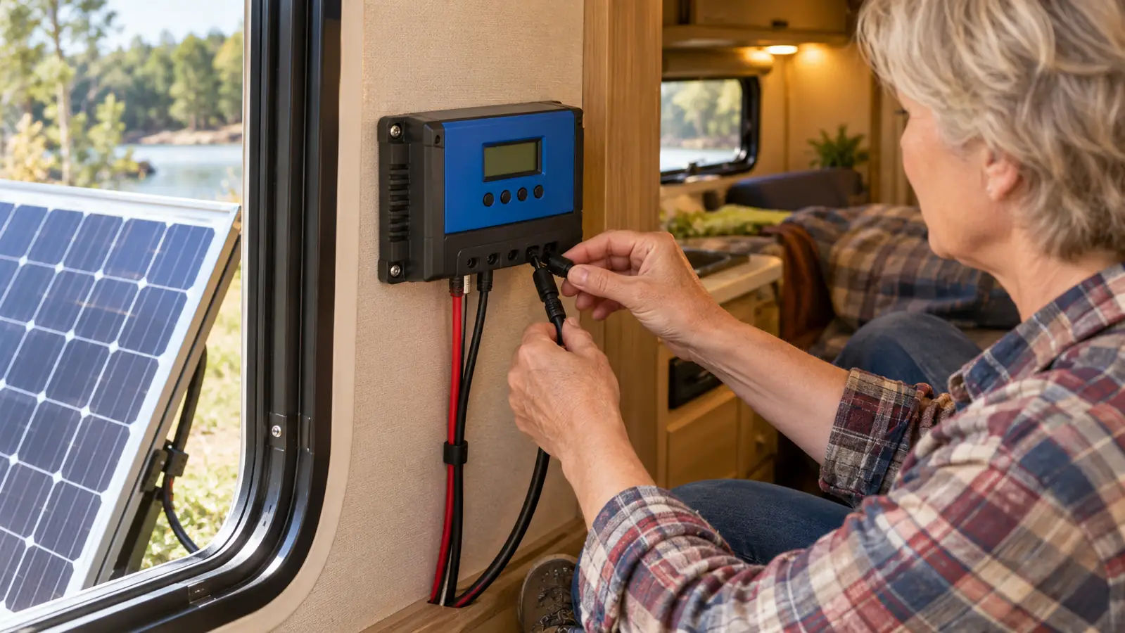 A camper's hands connecting a solar panel cable to a charge controller mounted inside a travel trailer