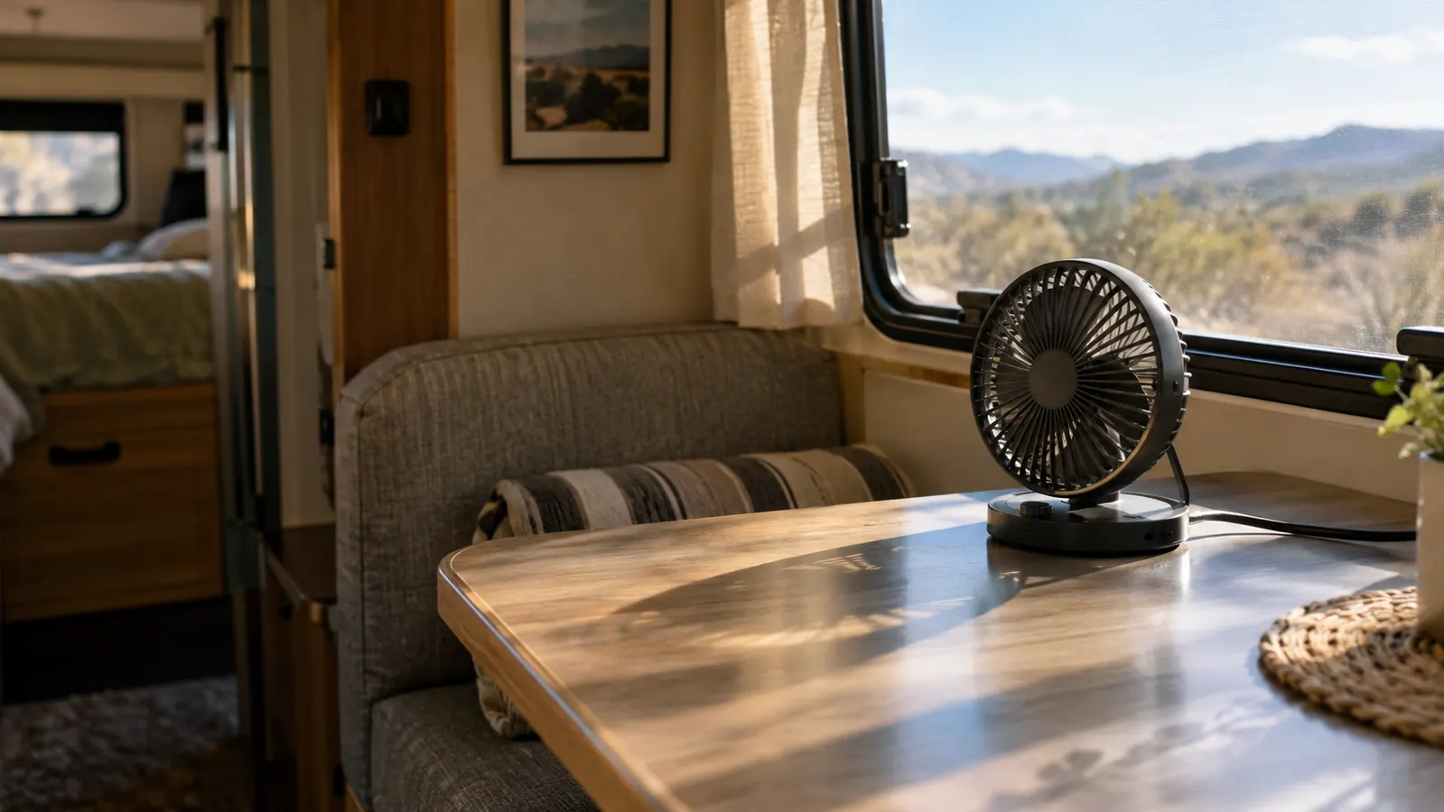 A small 12 volt fan running on a table inside a travel trailer on a warm afternoon