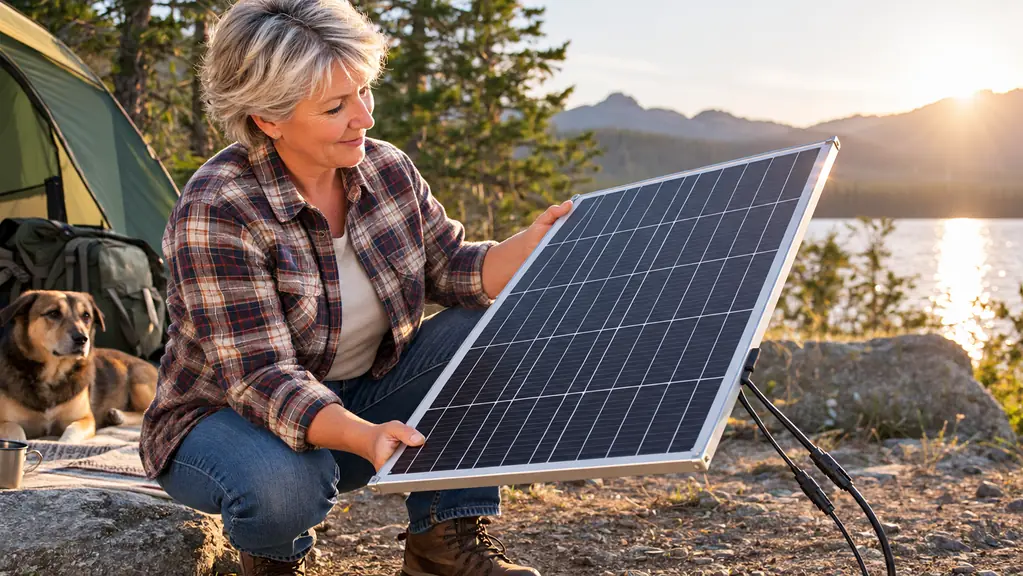 Camper holding the solar panel up toward the sun at a campsite, cables and aluminum frame visible