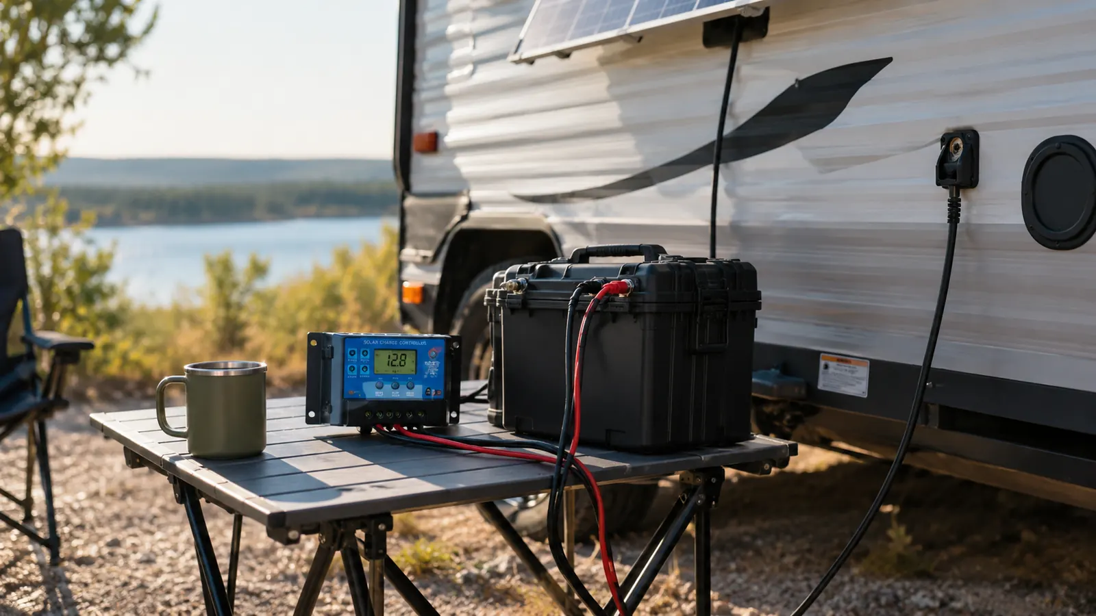 Camp table setup with a charge controller and battery box, cables running from the roof panel, morning light