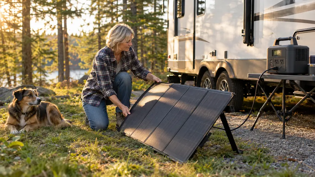 A woman angling a folding solar panel beside a white travel trailer at a wooded campsite, with a portable power station on the camp table and a dog resting in the grass