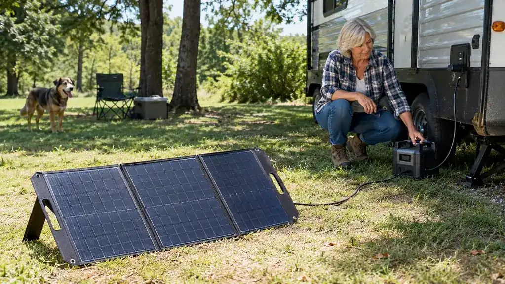 A folding solar panel set on the ground in full sun with its long cable running toward a travel trailer parked in the shade