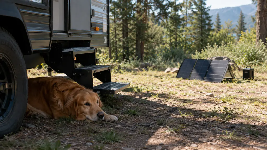The dog resting in the shade beside the trailer while the solar panel catches sun in a clearing about twenty feet away