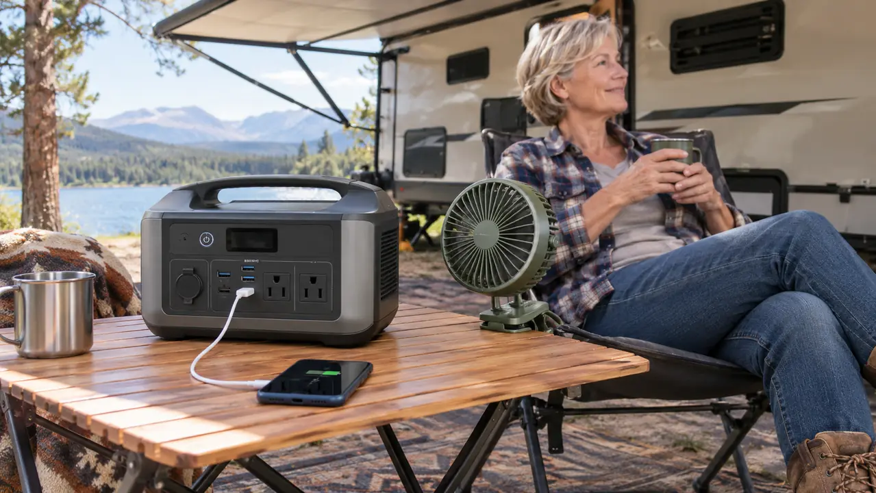 A phone charging cable plugged into a portable power station on a camp table