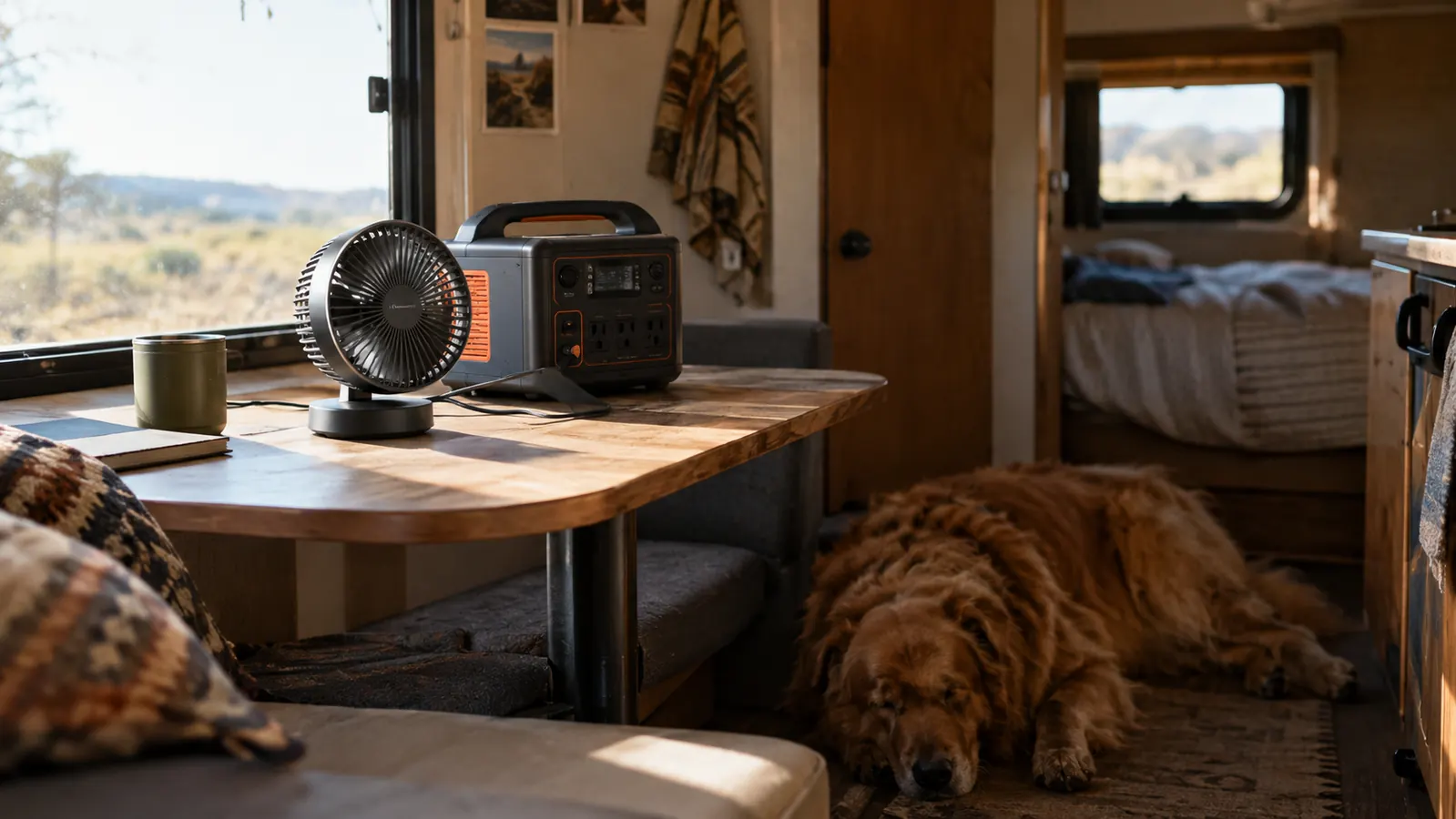 A small fan and a portable power station on a table inside a travel trailer, a dog resting on the floor nearby