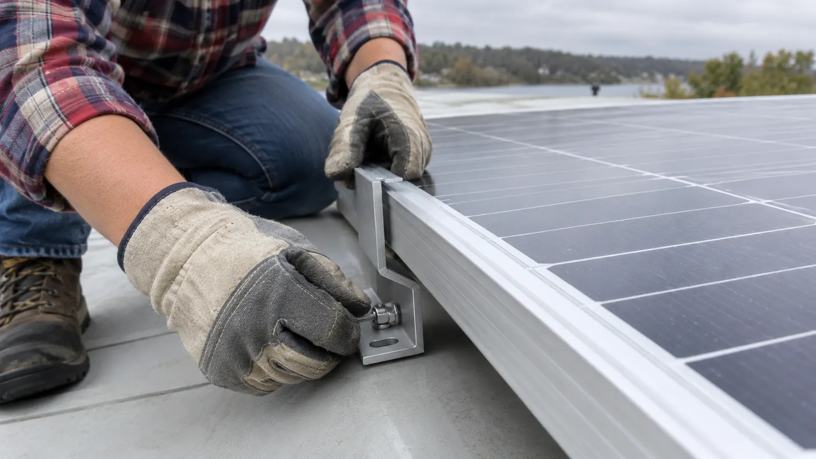 A camper's hands fitting a Z-shaped mounting bracket to the edge of a solar panel on a trailer roof