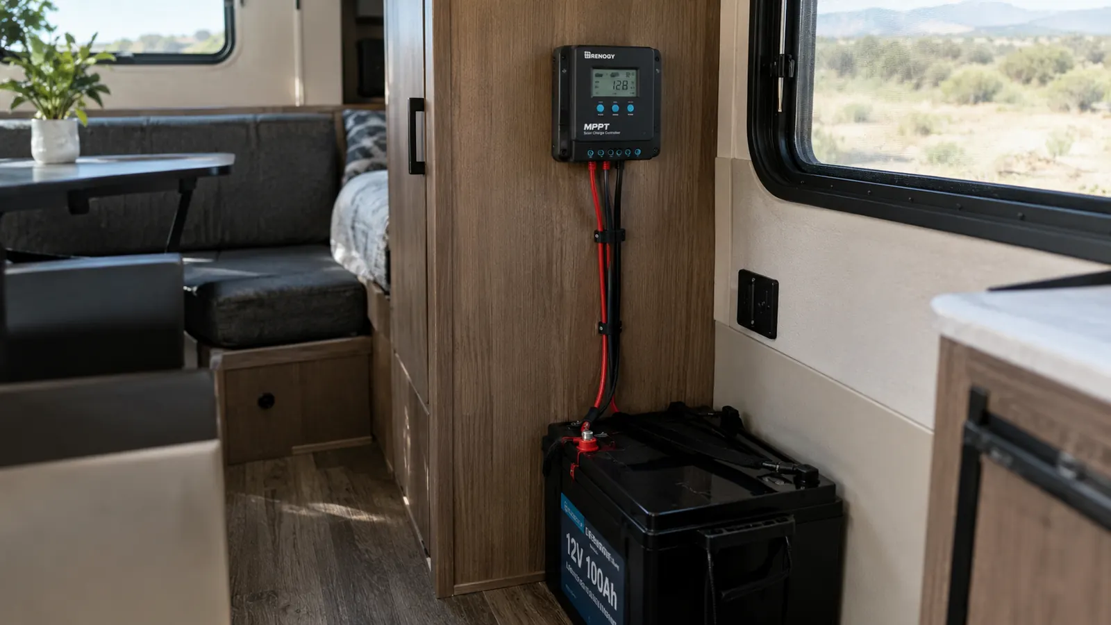 A small charge controller mounted inside a trailer cabinet with wires running down to a battery