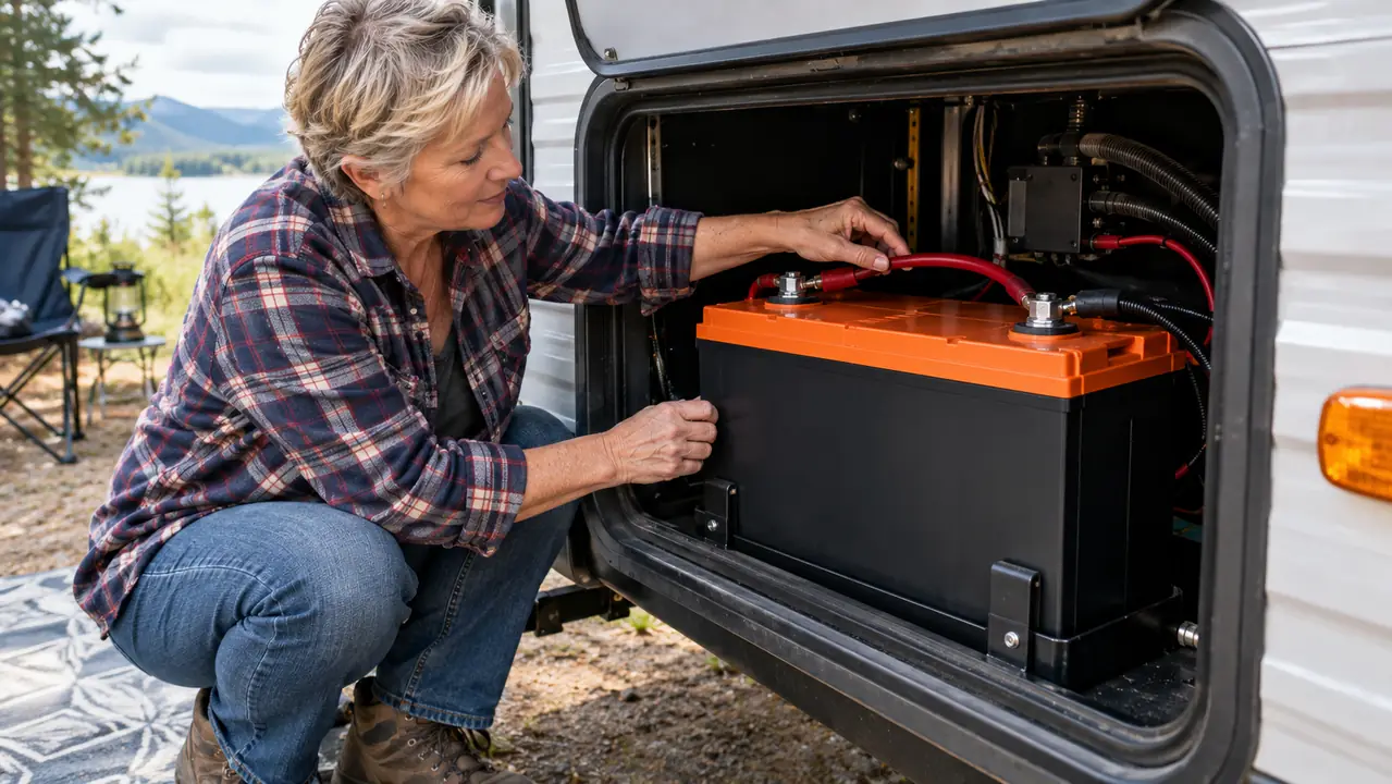 The LiTime 12V 100Ah battery mounted in a camper battery compartment with cables connected