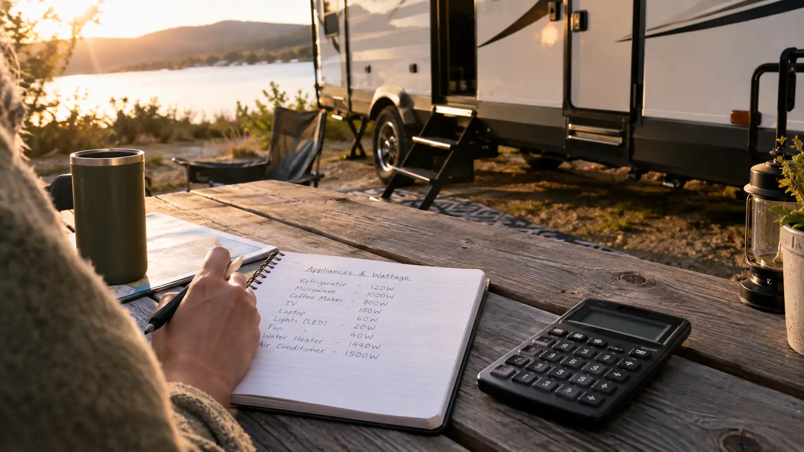 A camper at a picnic table with a notebook and calculator, listing appliances and wattages