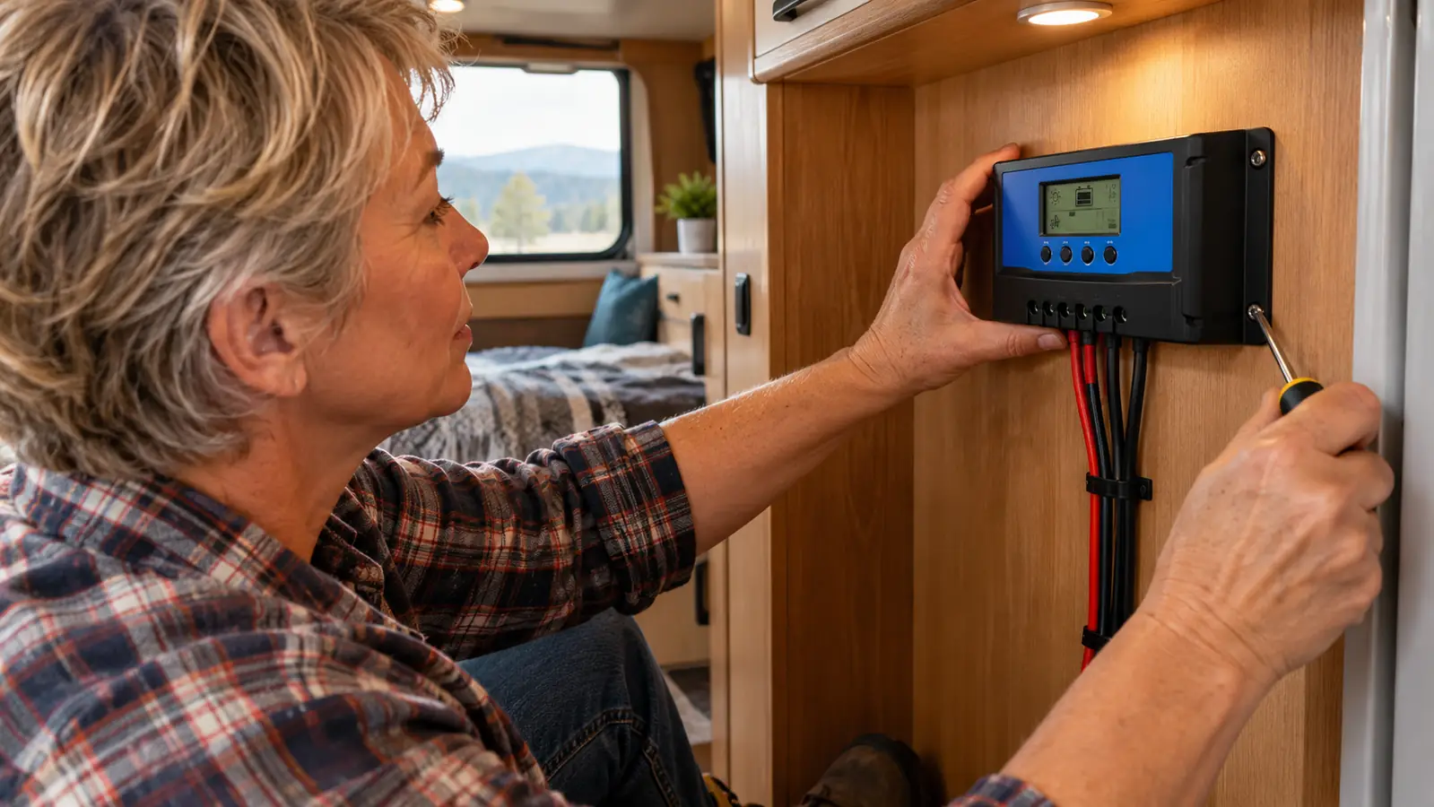 Hands mounting a charge controller with an LCD display on a cabinet wall inside a camper, wires routed below