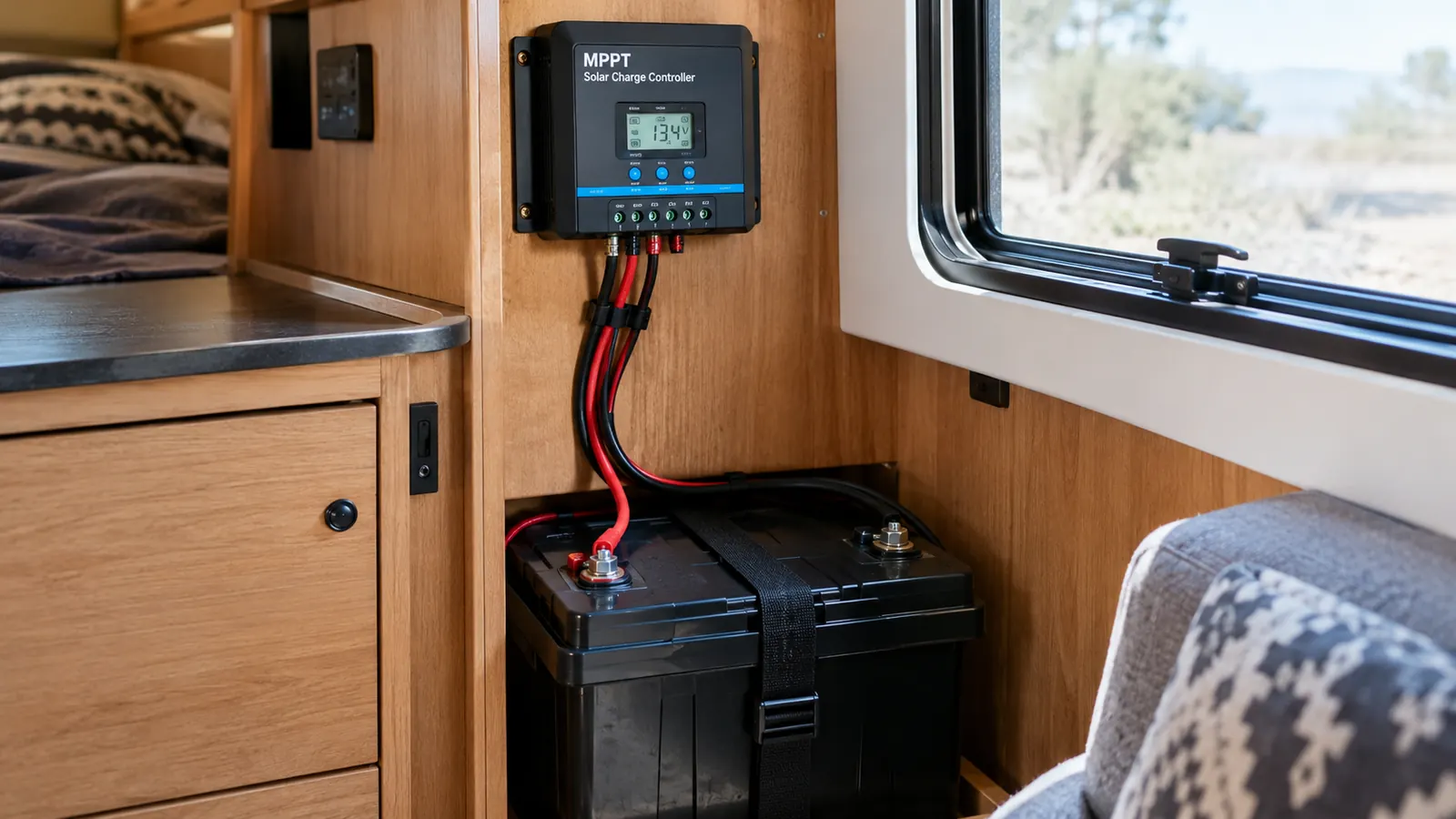 Interior of a camper showing a charge controller mounted on a cabinet wall above a battery box with cables connected