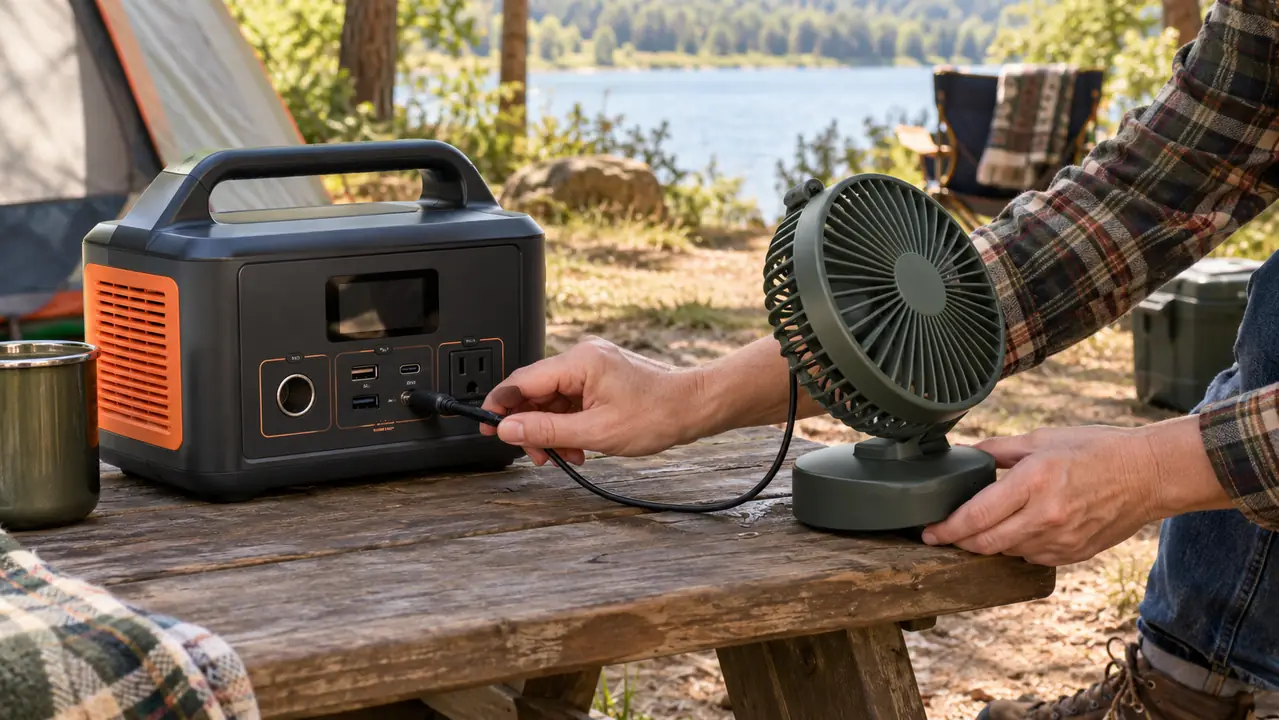 A camper's hand plugging a small fan into a portable power station on a camp table