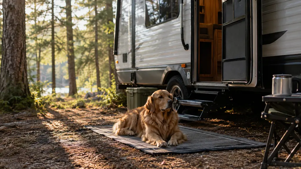 A dog resting on a camp mat near an open trailer door in late afternoon light