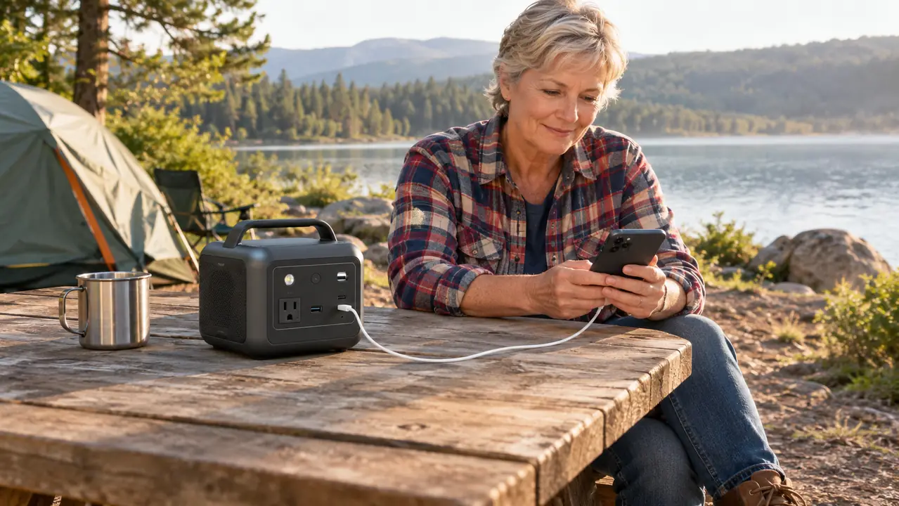 The portable power station sitting on a picnic table beside a stainless steel camp mug with a phone charging cable plugged into it
