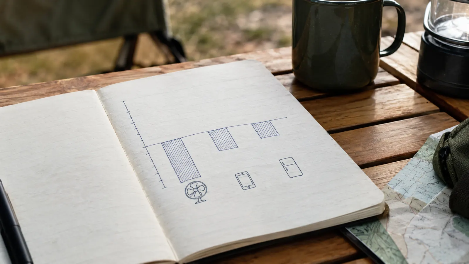 A small notebook page with a hand-drawn chart showing nightly power use staying under half the battery's capacity