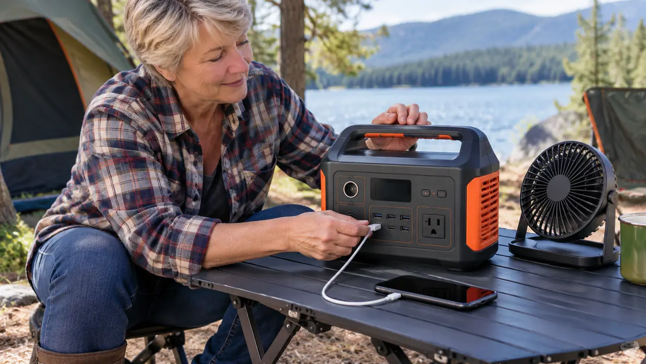 A compact portable power station sitting on a camp table beside a small fan and a phone charging cable, with a camper's hand reaching in to plug a cord into one of its outlets