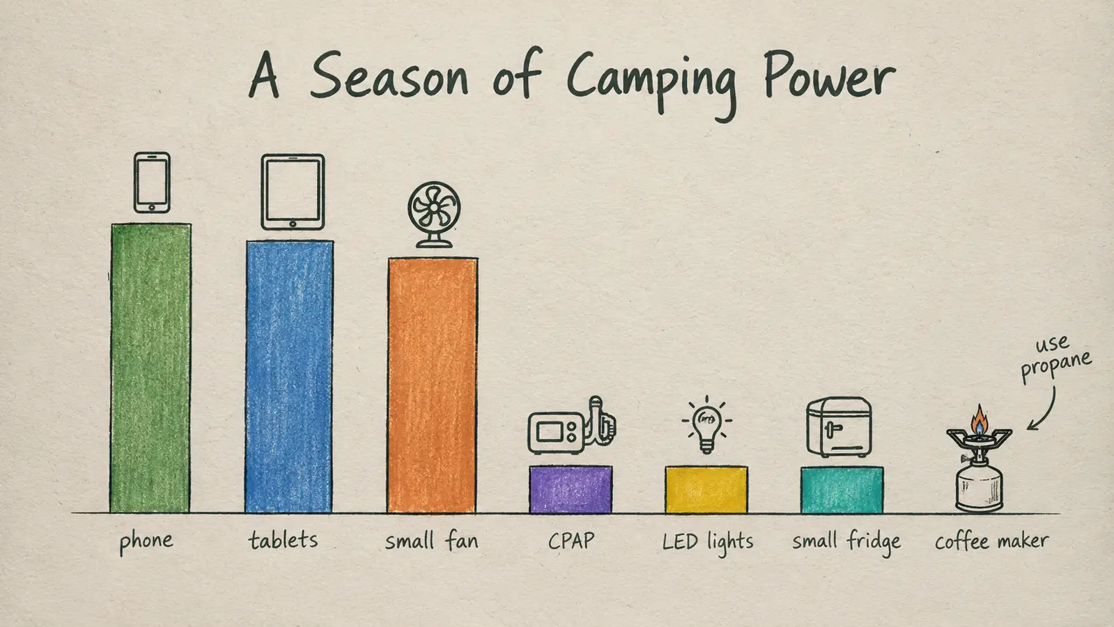 A simple bar chart titled 'A Season of Camping Power' showing bars for phone, tablets, fan, CPAP, lights, fridge, and coffee maker, with the first three tall, the next three short, and the last marked as a stove burner instead