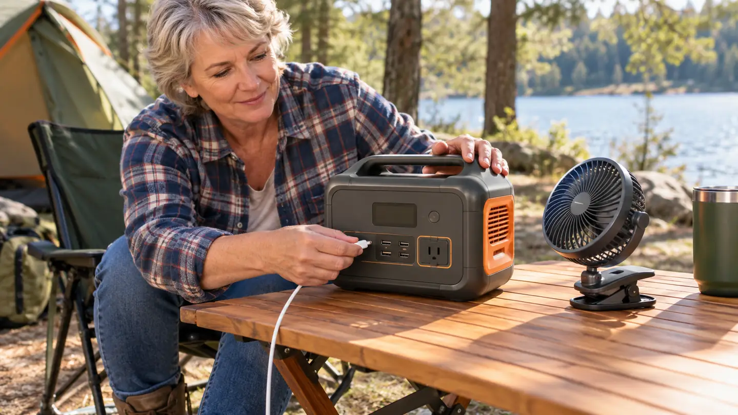 A camper's hand plugging a cable into a portable power station on a camp table while a small fan runs beside it