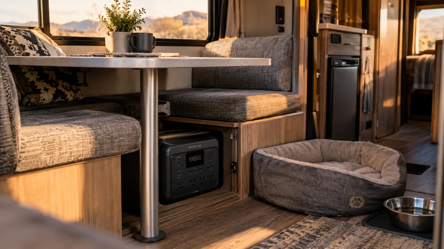 A portable power station stored under the bench seat of a small travel trailer
