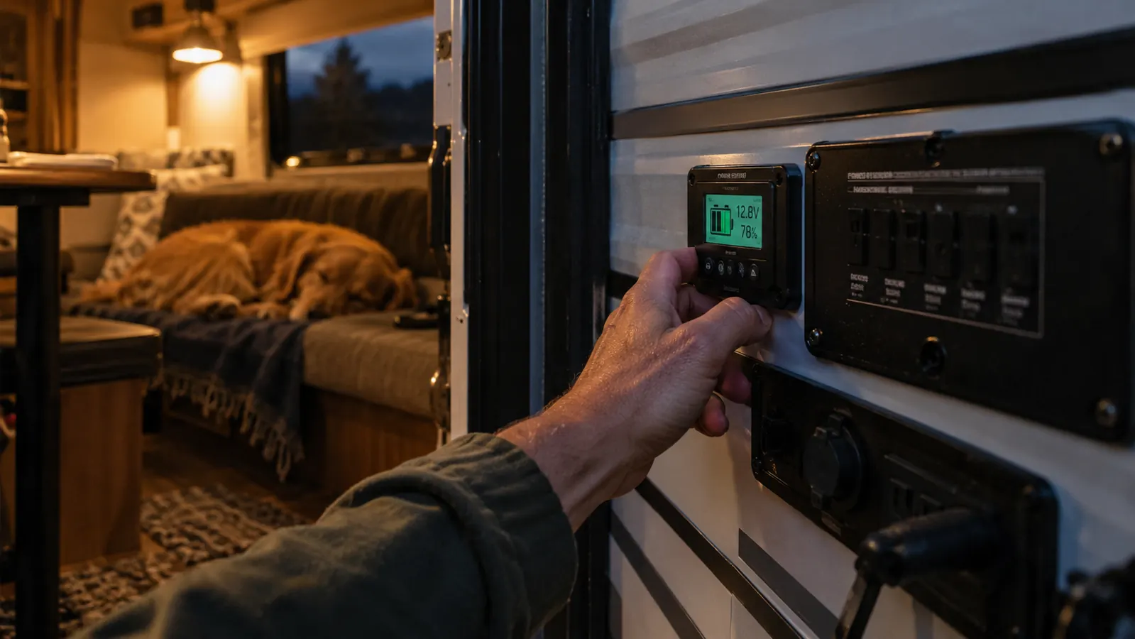 A camper checking a small battery monitor mounted next to the trailer power panel at night, a dog sleeping on the bench nearby