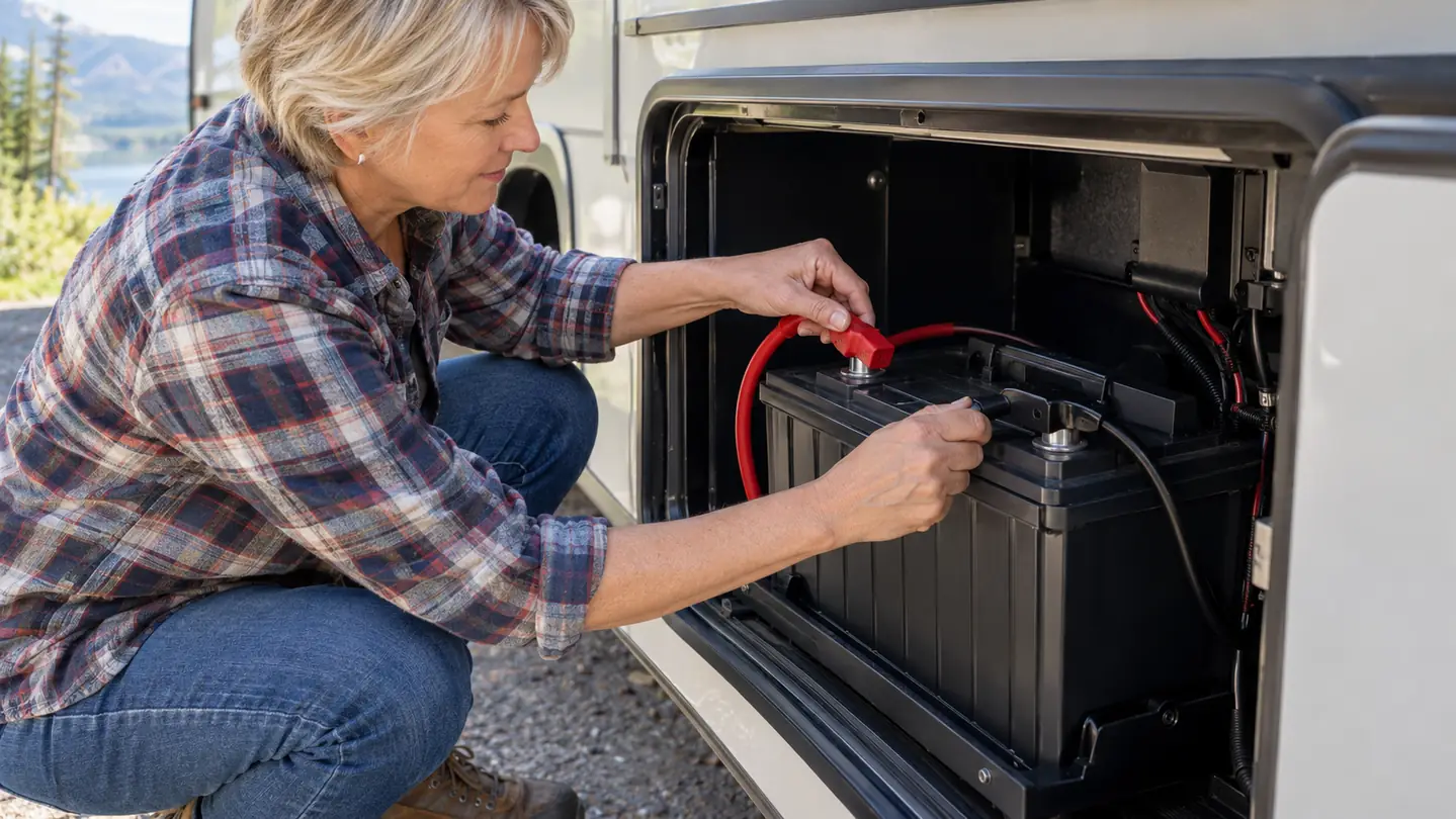 A camper's hands connecting cables to the battery in a travel trailer compartment