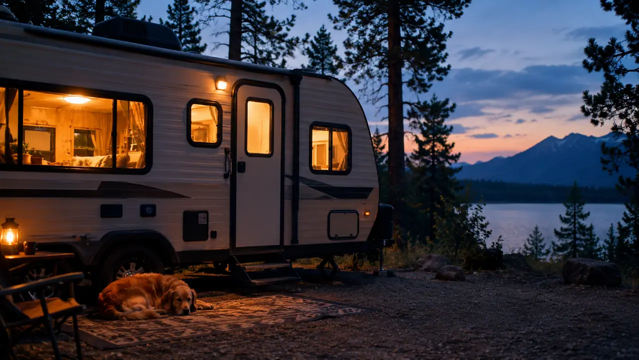 A travel trailer at dusk with warm light glowing from its windows at a forested campsite