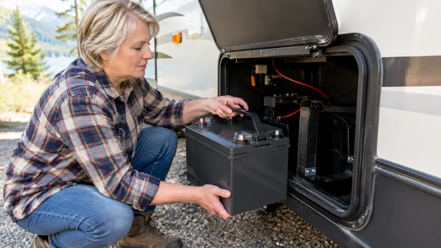 A camper's hands lifting a battery beside an open battery compartment in a travel trailer