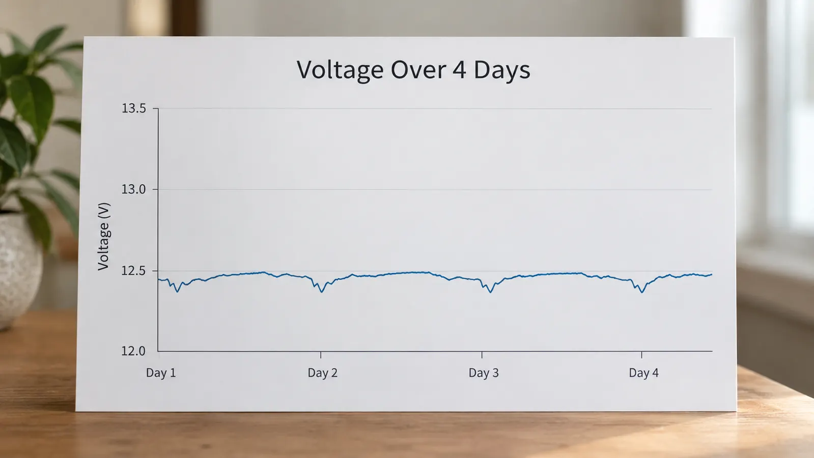 A simple line chart showing battery voltage holding steady across four days of camping